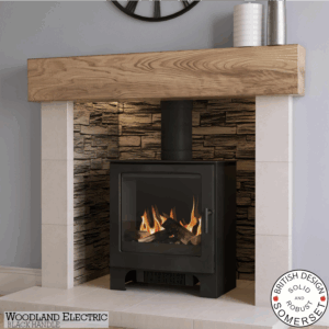 Woodland electric stove with wooden mantelpiece.
